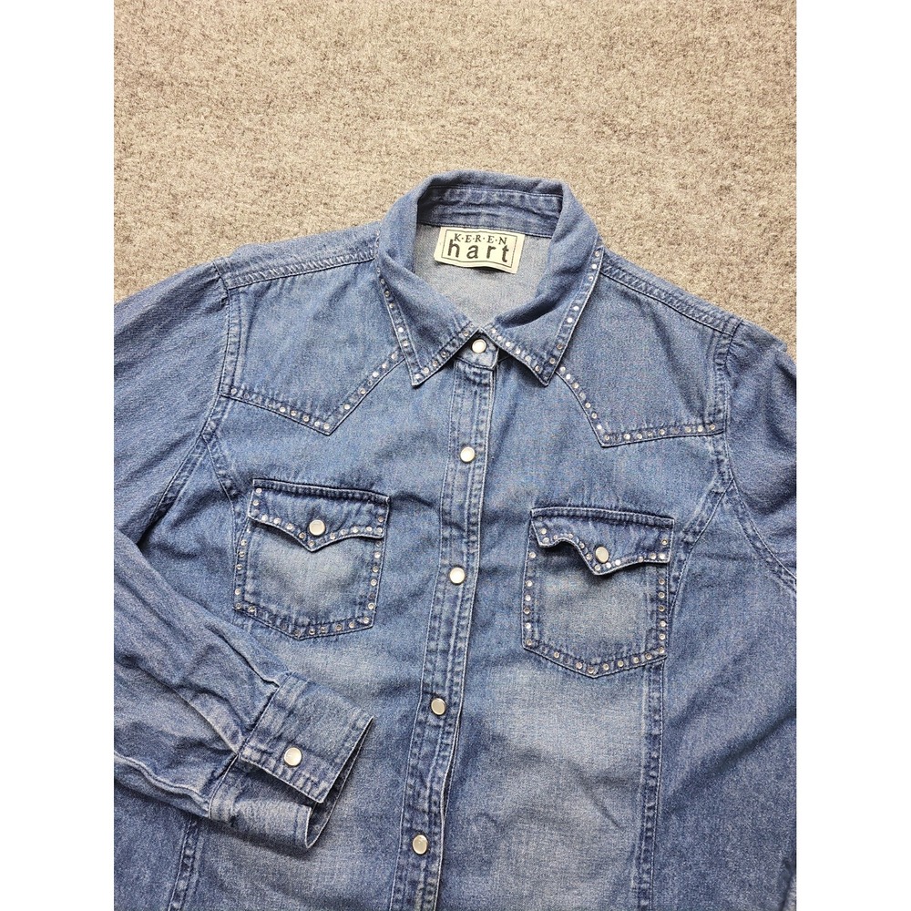 Keren Hart "Women's Large" Western Denim Shirt Snap Button Rhinestone Studded